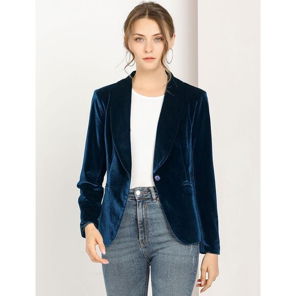 Women's Coat Solid Shawl Collar 1 Button Velvet Blazer Deep Blue - Picture 2 of 6